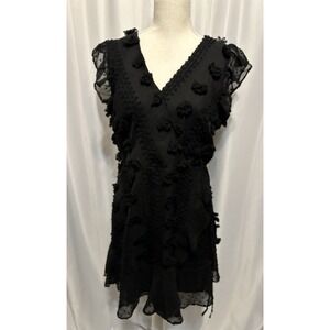 New Andree By Unit Dress Size L Tie Waist Short Black Sheer Ruffle Sleeve V-neck